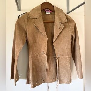 VINTAGE 70’s SUEDE FRONT TIE JACKET WITH DAISY CUT OUT DETAILING